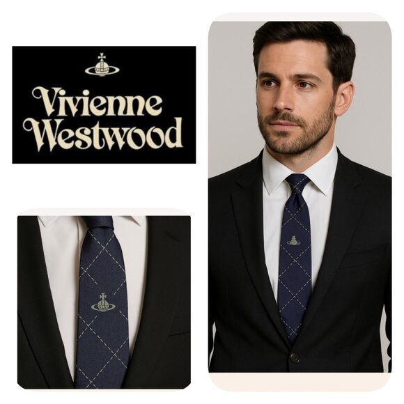 Vivienne Westwood Necktie Navy Blue skull Silk100% Made In Italy Tip - Picture 1 of 9